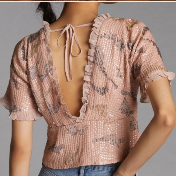NWOT Anthropologie Forever That Girl Sequined V-Neck Blouse Neutral Pink - Picture 2 of 10